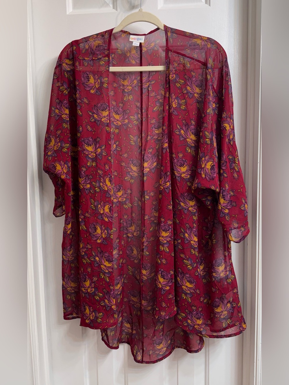 LuLaRoe Burgundy Floral Sheer Kimono with Yellow & Purple Accents